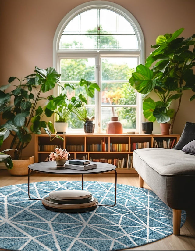 Blue 3' 3 x 3' 3 Matrix Trellis Round Area Rug 100% Polyester Geometric Pattern Modern Carpet for Living, Dining, Bedroom, Office for Sale at Rug Engine