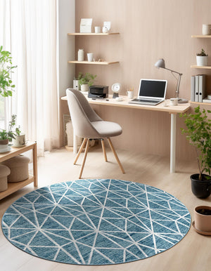 Blue 3' 3 x 3' 3 Matrix Trellis Round Area Rug 100% Polyester Geometric Pattern Modern Carpet for Living, Dining, Bedroom, Office for Sale at Rug Engine