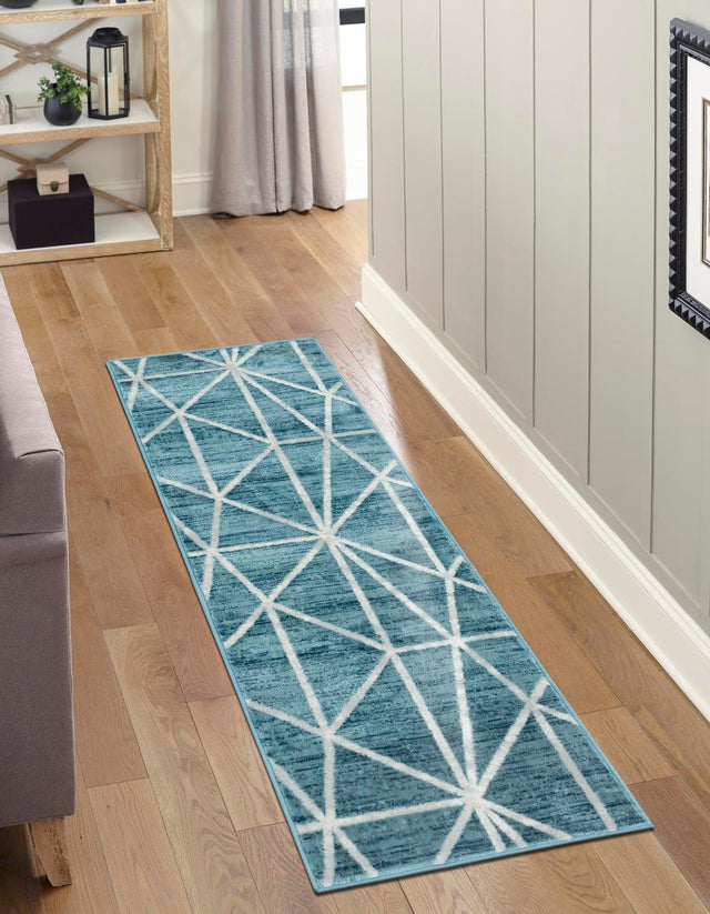 Blue 2' x 8' Matrix Trellis Runner Area Rug 100% Polyester Geometric Pattern Modern Carpet for Living, Dining, Bedroom, Office for Sale at Rug Engine