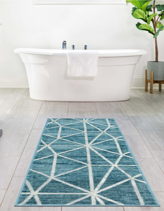 Blue 2' 7 x 13' Matrix Trellis Runner Area Rug 100% Polyester Geometric Pattern Modern Carpet for Living, Dining, Bedroom, Office for Sale at Rug Engine