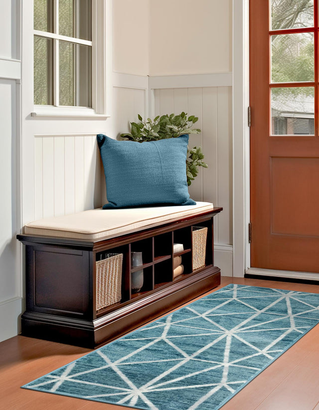 Blue 2' x 8' Matrix Trellis Runner Area Rug 100% Polyester Geometric Pattern Modern Carpet for Living, Dining, Bedroom, Office for Sale at Rug Engine