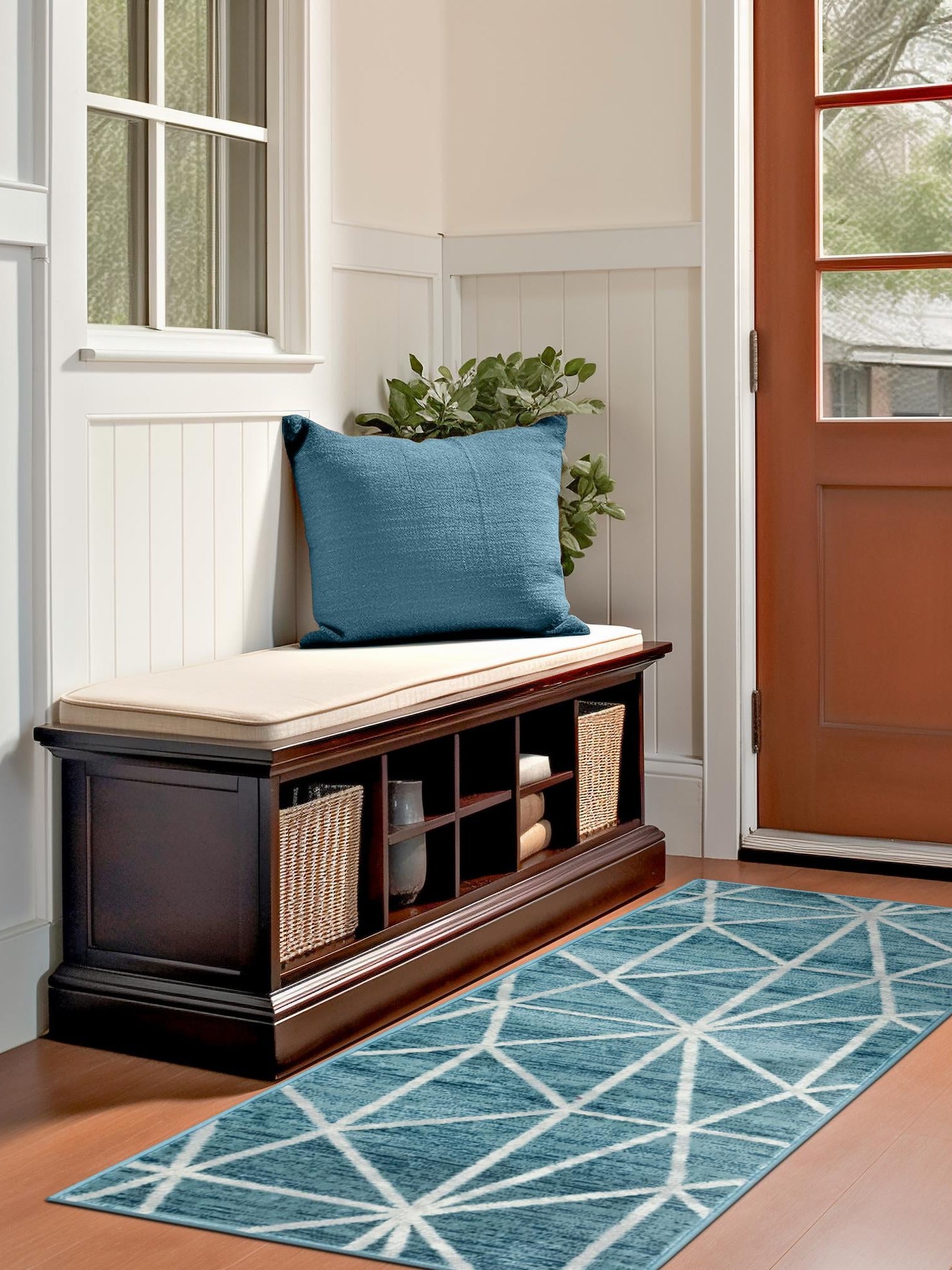 Blue 2' 7 x 16' 5 Matrix Trellis Runner Area Rug 100% Polyester Geometric Pattern Modern Carpet for Living, Dining, Bedroom, Office for Sale at Rug Engine