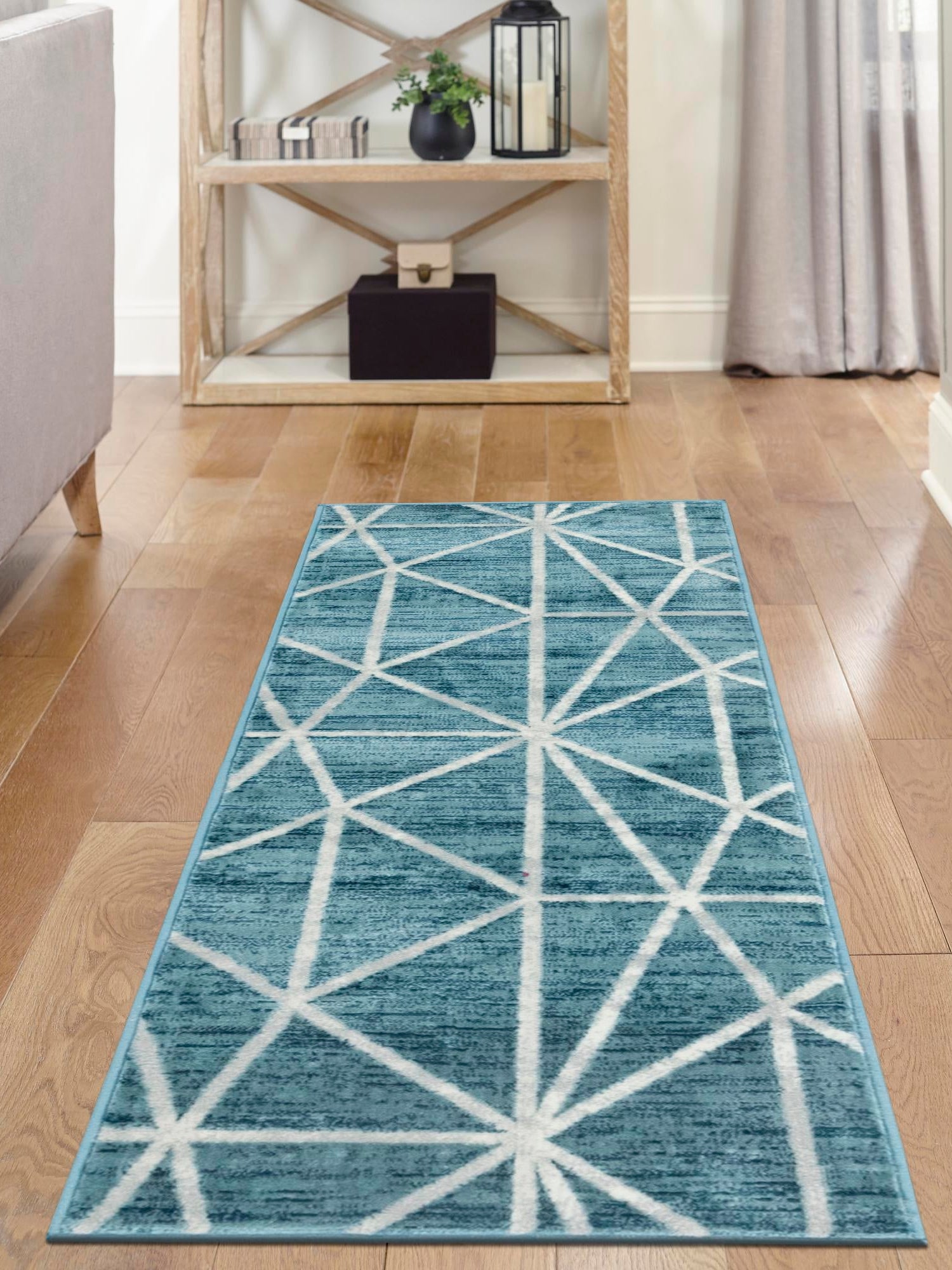 Blue 2' 7 x 16' 5 Matrix Trellis Runner Area Rug 100% Polyester Geometric Pattern Modern Carpet for Living, Dining, Bedroom, Office for Sale at Rug Engine