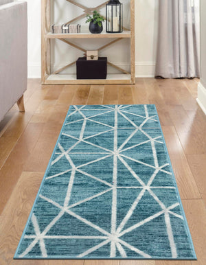 Blue 2' 7 x 16' 5 Matrix Trellis Runner Area Rug 100% Polyester Geometric Pattern Modern Carpet for Living, Dining, Bedroom, Office for Sale at Rug Engine