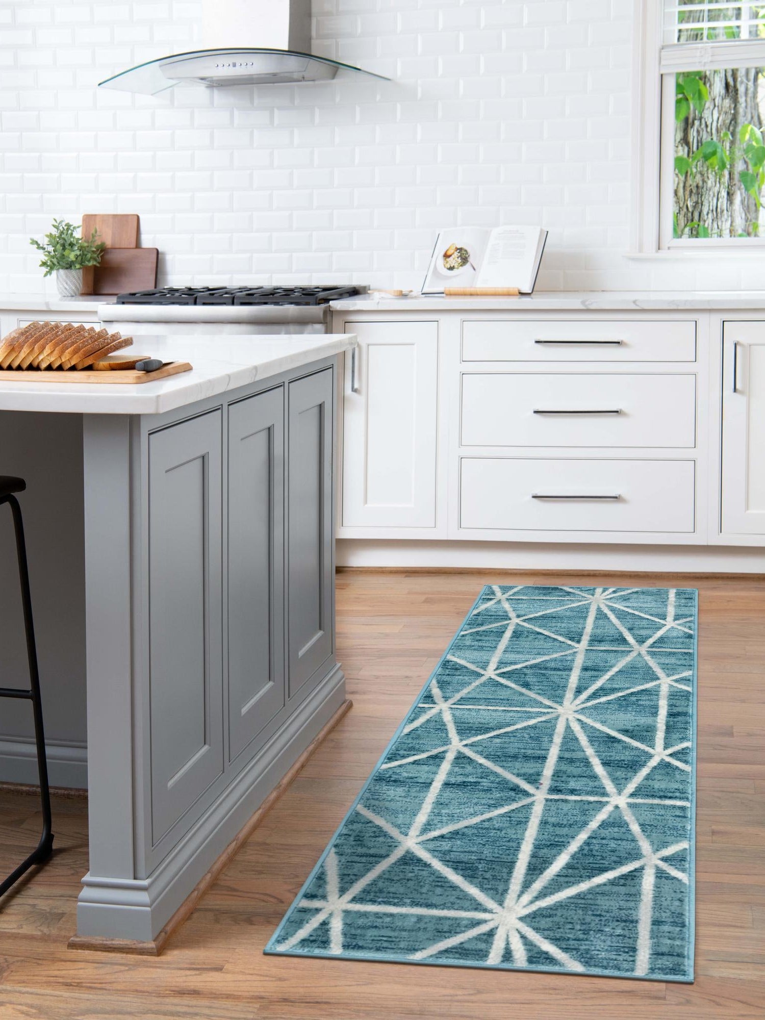 Blue 2' 11 x 19' 8 Matrix Trellis Runner Area Rug 100% Polyester Geometric Pattern Modern Carpet for Living, Dining, Bedroom, Office for Sale at Rug Engine