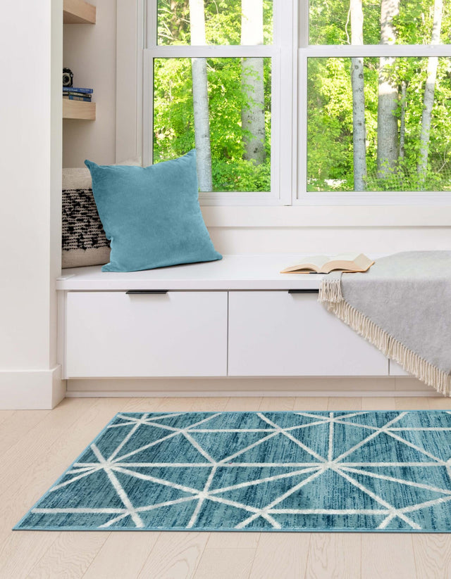 Blue 3' x 10' Matrix Trellis Runner Area Rug 100% Polyester Geometric Pattern Modern Carpet for Living, Dining, Bedroom, Office for Sale at Rug Engine