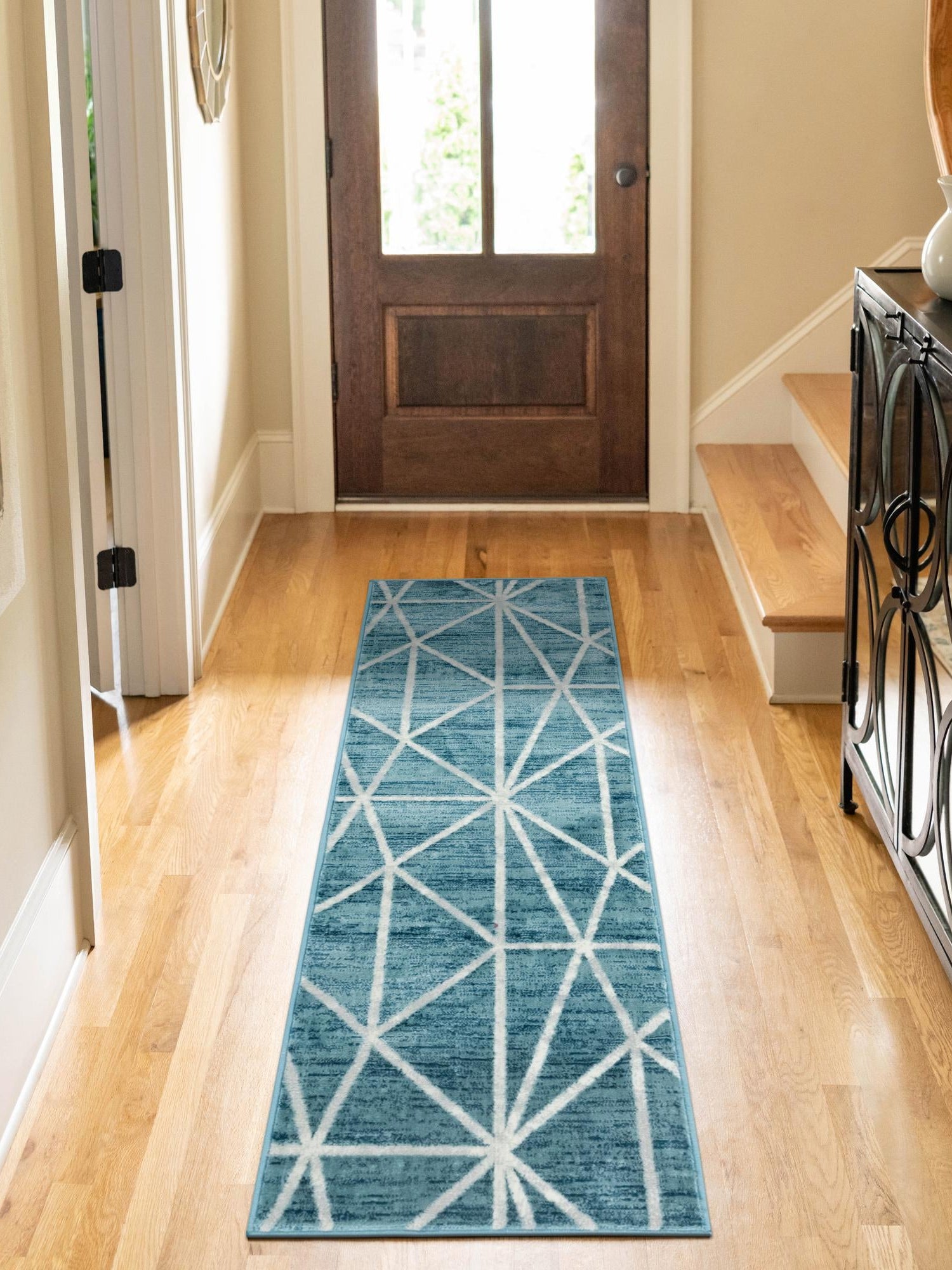 Blue 2' x 6' 1 Matrix Trellis Runner Area Rug 100% Polyester Geometric Pattern Modern Carpet for Living, Dining, Bedroom, Office for Sale at Rug Engine