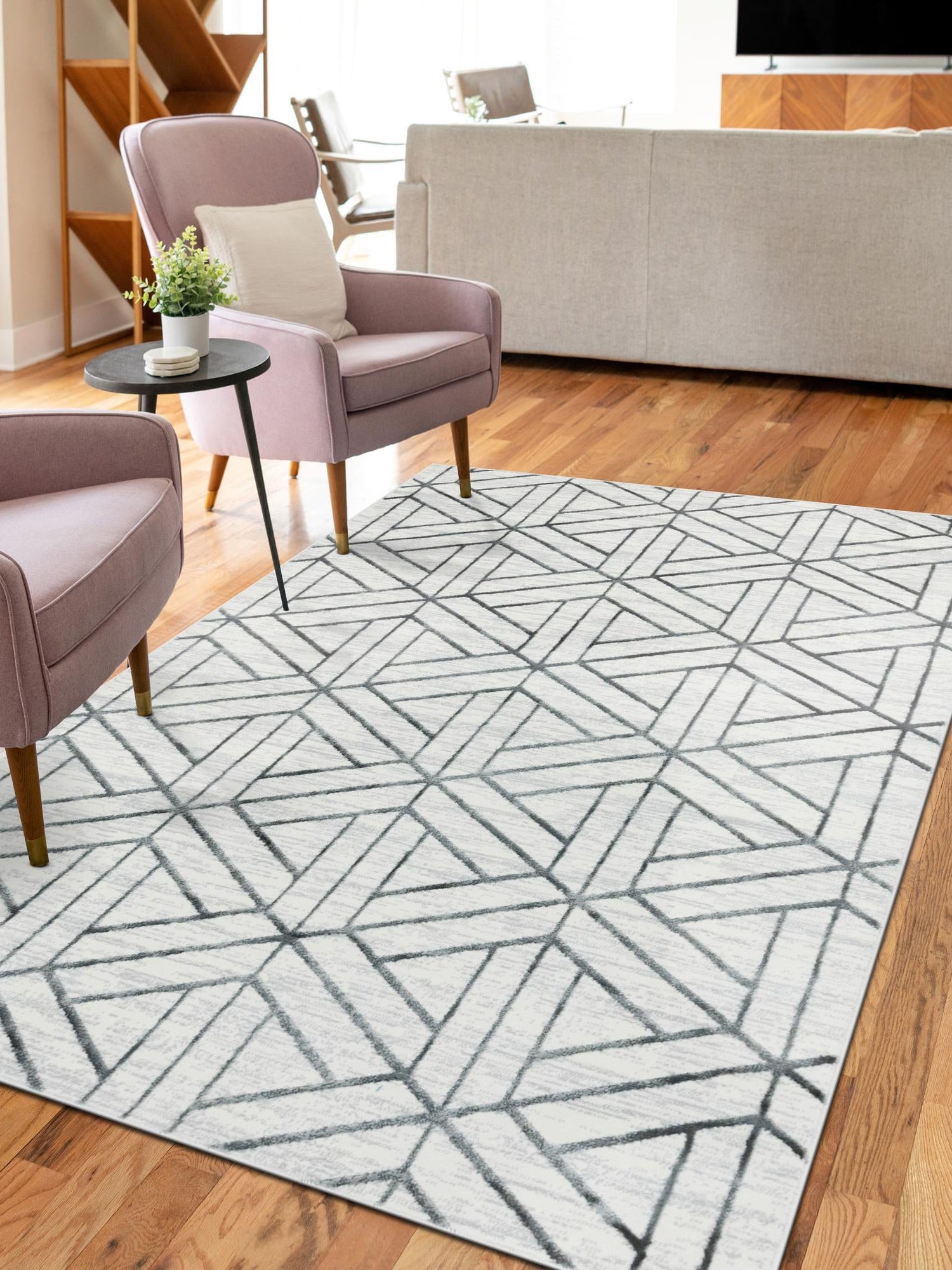 White 4' 1 x 6' 1 Matrix Trellis Rectangle Area Rug 100% Polyester Geometric Pattern Modern Carpet for Living, Dining, Bedroom, Office for Sale at Rug Engine