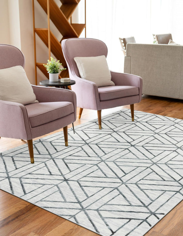 White 8' x 10' Matrix Trellis Rectangle Area Rug 100% Polyester Geometric Pattern Modern Carpet for Living, Dining, Bedroom, Office for Sale at Rug Engine