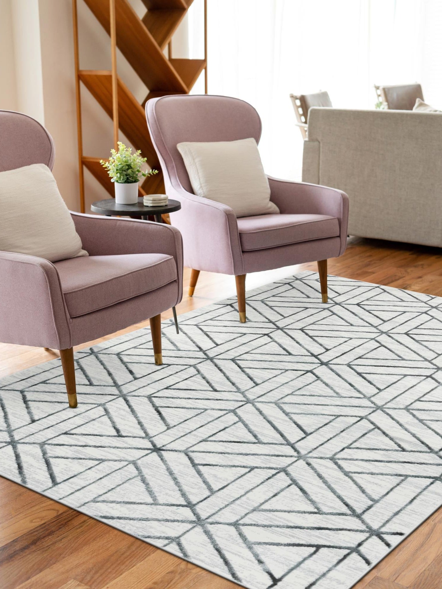 White 4' 1 x 6' 1 Matrix Trellis Rectangle Area Rug 100% Polyester Geometric Pattern Modern Carpet for Living, Dining, Bedroom, Office for Sale at Rug Engine