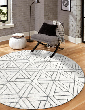 White 8' x 8' Matrix Trellis Round Area Rug 100% Polyester Geometric Pattern Modern Carpet for Living, Dining, Bedroom, Office for Sale at Rug Engine
