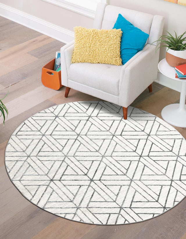 White 3' 3 x 3' 3 Matrix Trellis Round Area Rug 100% Polyester Geometric Pattern Modern Carpet for Living, Dining, Bedroom, Office for Sale at Rug Engine