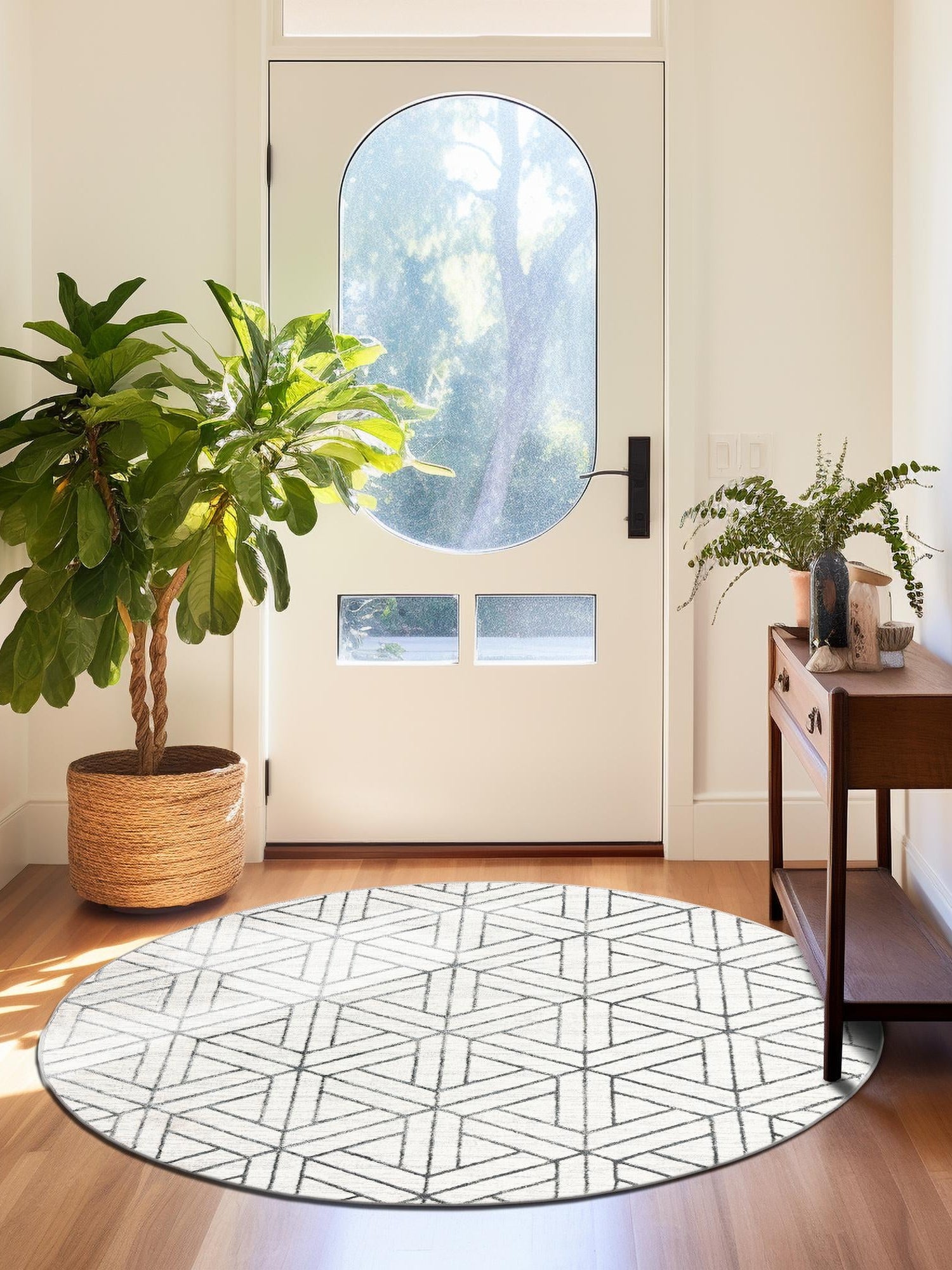 White 5' 1 x 5' 1 Matrix Trellis Round Area Rug 100% Polyester Geometric Pattern Modern Carpet for Living, Dining, Bedroom, Office for Sale at Rug Engine