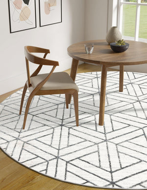 White 8' x 8' Matrix Trellis Round Area Rug 100% Polyester Geometric Pattern Modern Carpet for Living, Dining, Bedroom, Office for Sale at Rug Engine
