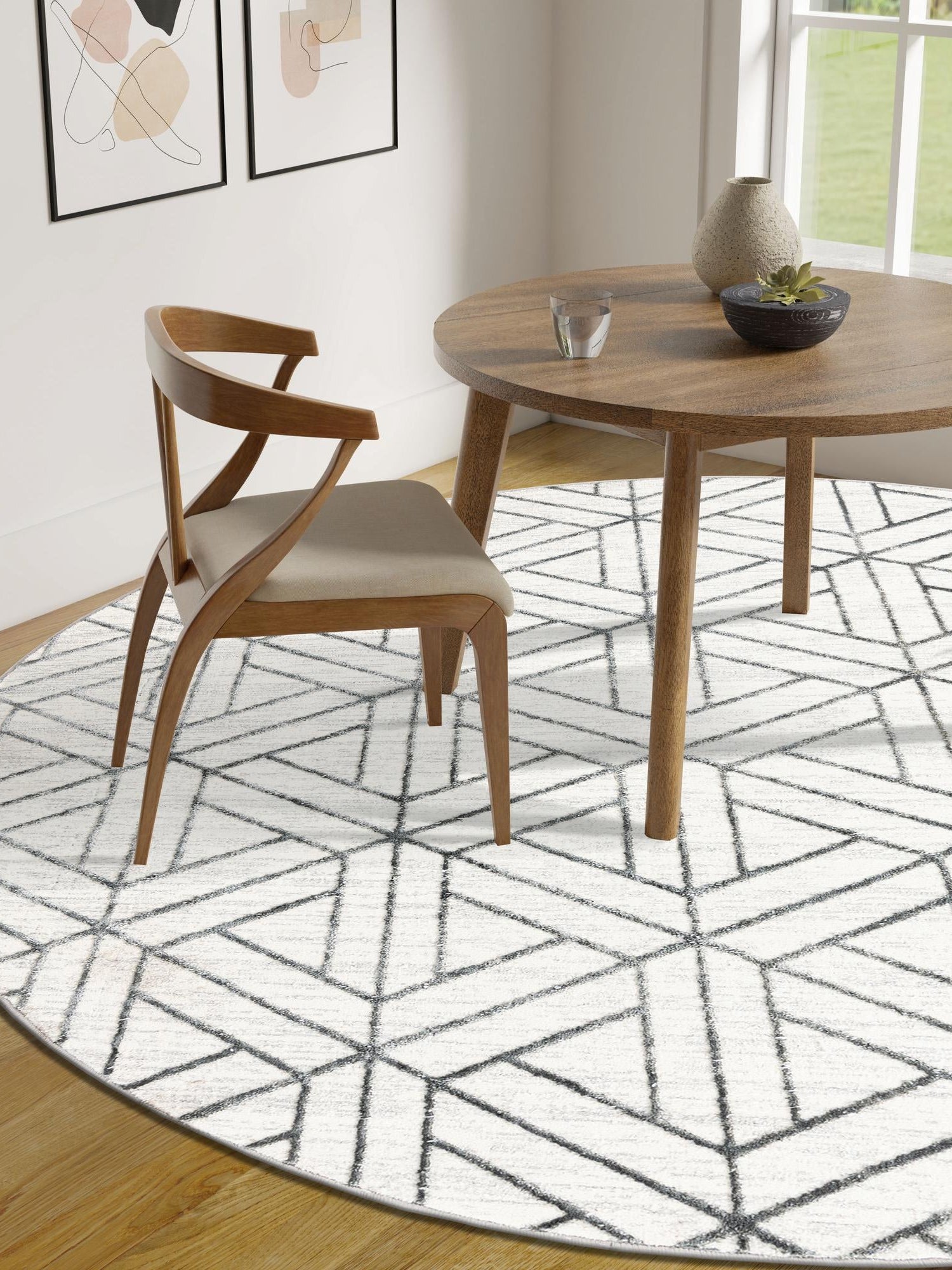 White 5' 1 x 5' 1 Matrix Trellis Round Area Rug 100% Polyester Geometric Pattern Modern Carpet for Living, Dining, Bedroom, Office for Sale at Rug Engine
