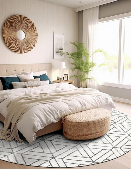 White 8' x 8' Matrix Trellis Round Area Rug 100% Polyester Geometric Pattern Modern Carpet for Living, Dining, Bedroom, Office for Sale at Rug Engine