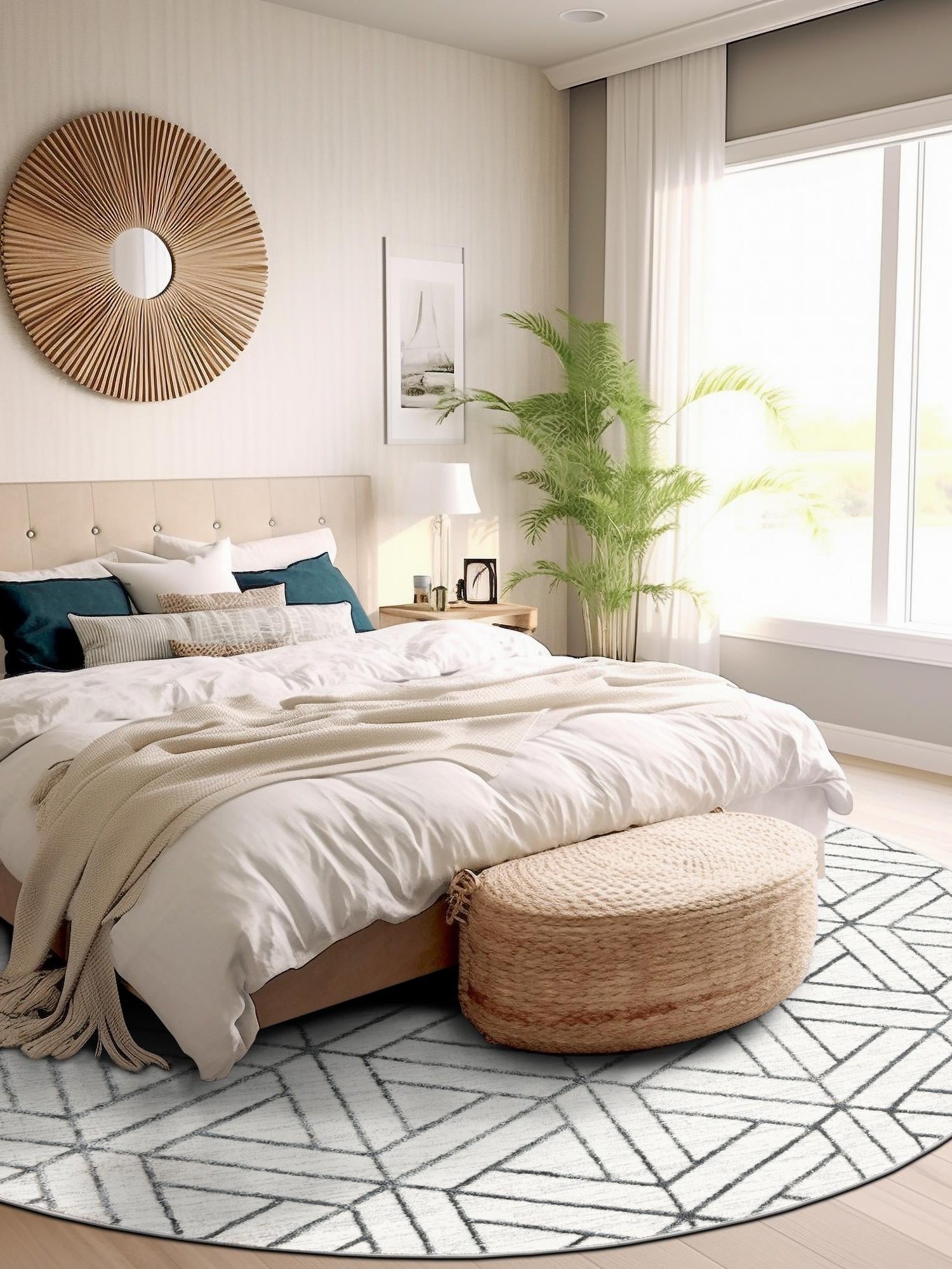 White 5' 1 x 5' 1 Matrix Trellis Round Area Rug 100% Polyester Geometric Pattern Modern Carpet for Living, Dining, Bedroom, Office for Sale at Rug Engine