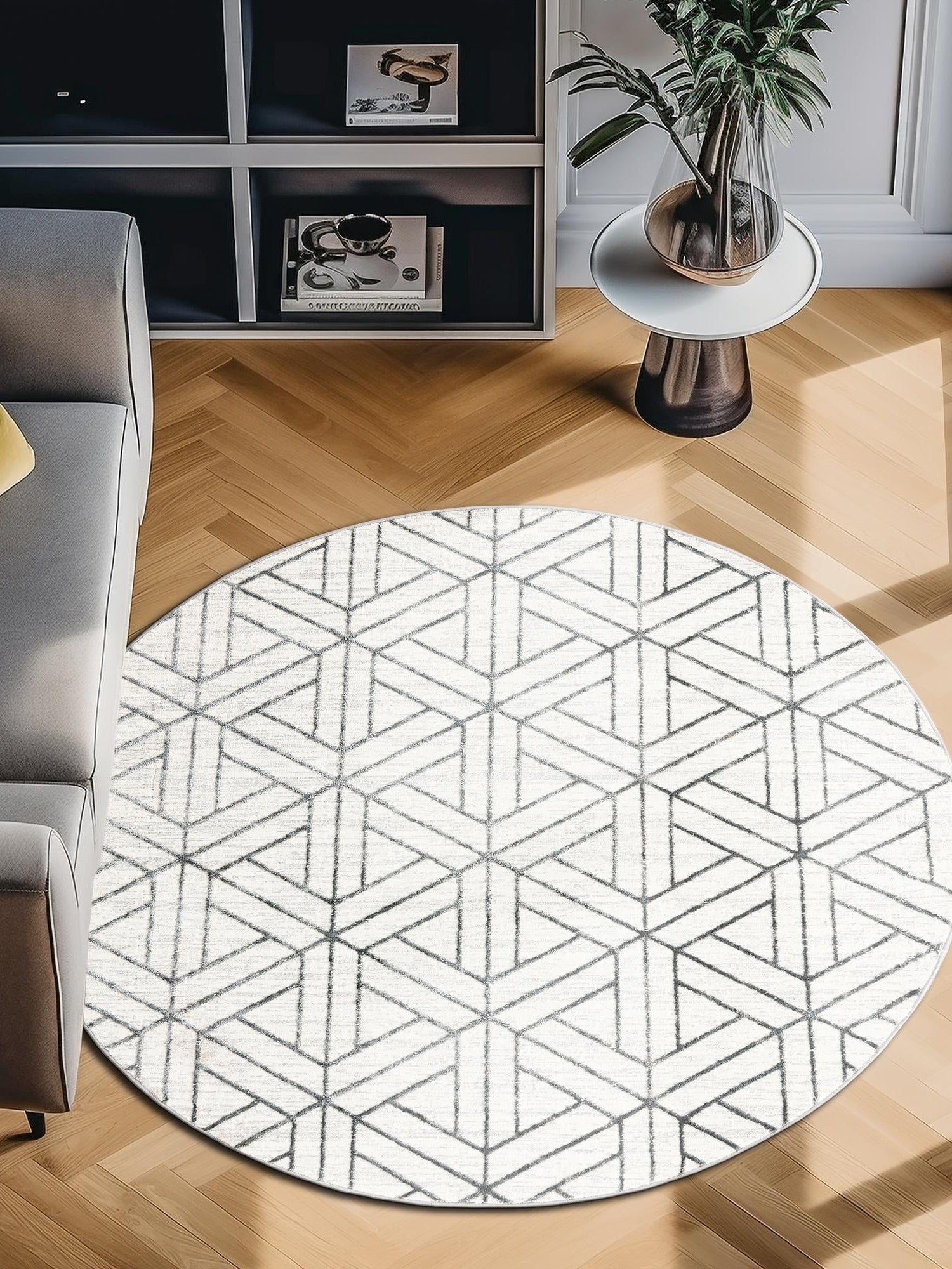 White 7' x 7' Matrix Trellis Round Area Rug 100% Polyester Geometric Pattern Modern Carpet for Living, Dining, Bedroom, Office for Sale at Rug Engine