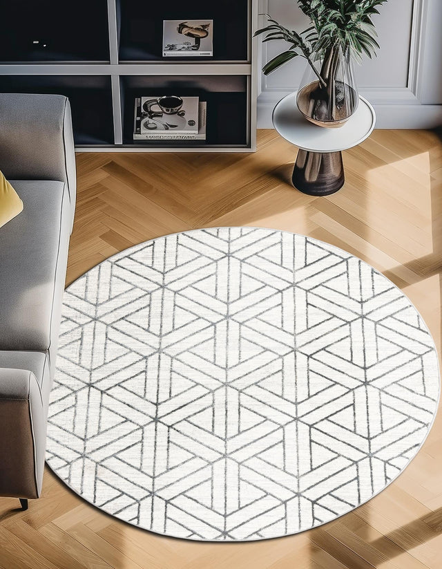 White 3' 3 x 3' 3 Matrix Trellis Round Area Rug 100% Polyester Geometric Pattern Modern Carpet for Living, Dining, Bedroom, Office for Sale at Rug Engine