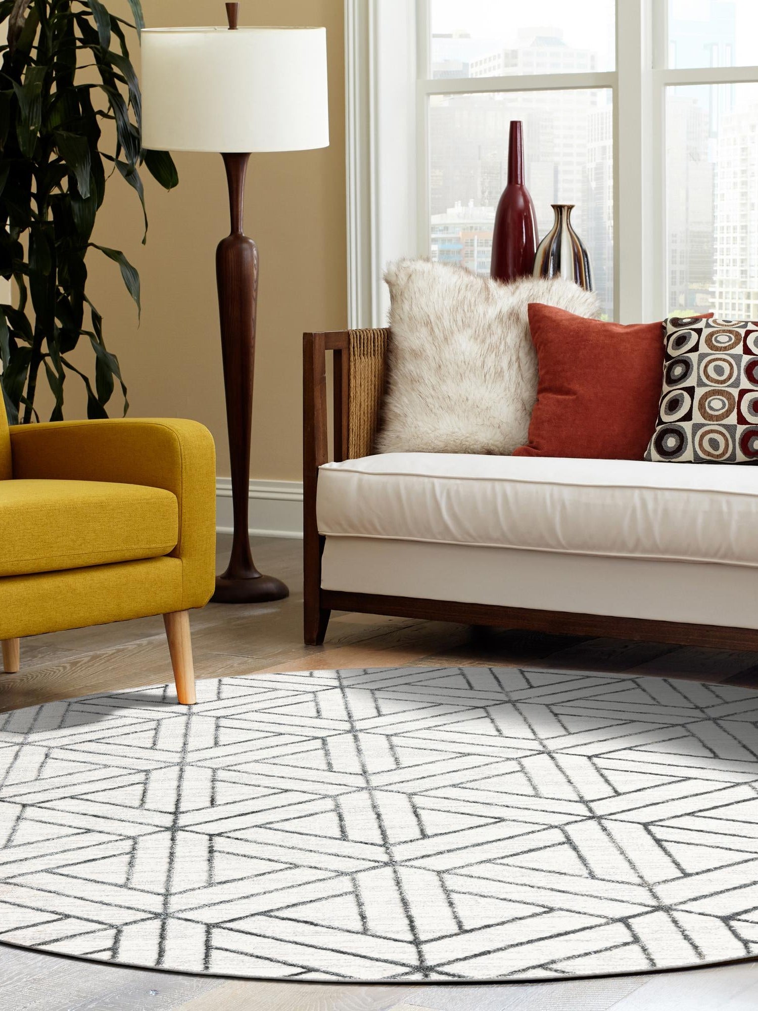 White 5' 1 x 5' 1 Matrix Trellis Round Area Rug 100% Polyester Geometric Pattern Modern Carpet for Living, Dining, Bedroom, Office for Sale at Rug Engine