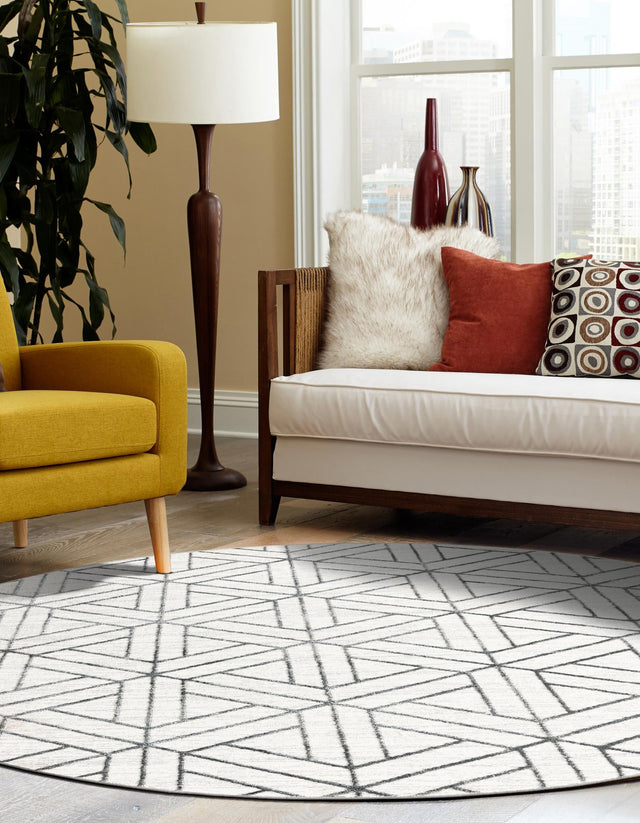White 3' 3 x 3' 3 Matrix Trellis Round Area Rug 100% Polyester Geometric Pattern Modern Carpet for Living, Dining, Bedroom, Office for Sale at Rug Engine