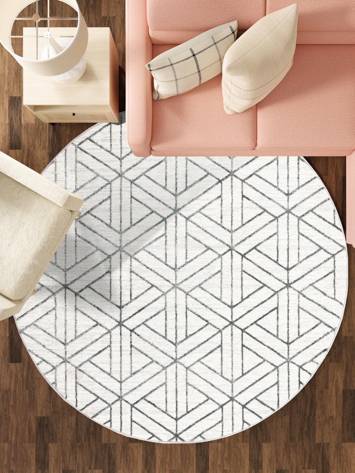 White 5' 1 x 5' 1 Matrix Trellis Round Area Rug 100% Polyester Geometric Pattern Modern Carpet for Living, Dining, Bedroom, Office for Sale at Rug Engine