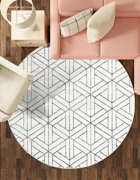 White 5' 1 x 5' 1 Matrix Trellis Round Area Rug 100% Polyester Geometric Pattern Modern Carpet for Living, Dining, Bedroom, Office for Sale at Rug Engine