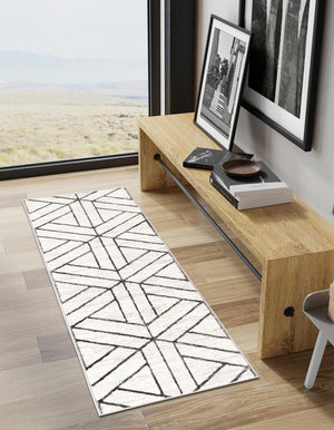 White 3' x 10' Matrix Trellis Runner Area Rug 100% Polyester Geometric Pattern Modern Carpet for Living, Dining, Bedroom, Office for Sale at Rug Engine