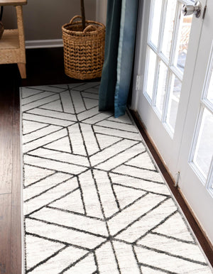 White 2' x 8' Matrix Trellis Runner Area Rug 100% Polyester Geometric Pattern Modern Carpet for Living, Dining, Bedroom, Office for Sale at Rug Engine