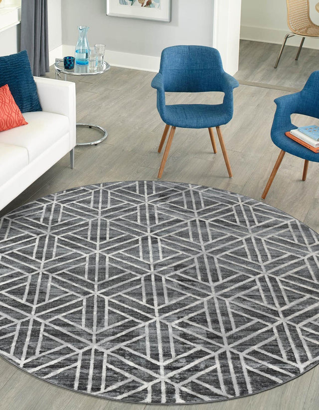 Gray 3' 3 x 3' 3 Matrix Trellis Round Area Rug 100% Polyester Geometric Pattern Modern Carpet for Living, Dining, Bedroom, Office for Sale at Rug Engine