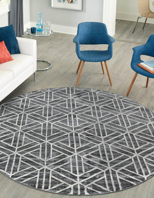 Gray 7' x 7' Matrix Trellis Round Area Rug 100% Polyester Geometric Pattern Modern Carpet for Living, Dining, Bedroom, Office for Sale at Rug Engine