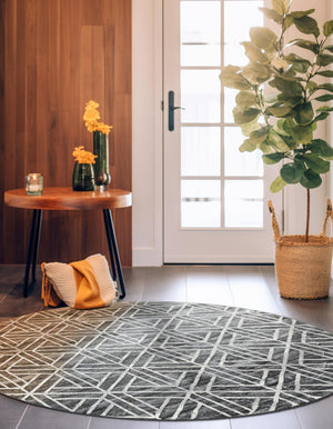 Gray 7' x 7' Matrix Trellis Round Area Rug 100% Polyester Geometric Pattern Modern Carpet for Living, Dining, Bedroom, Office for Sale at Rug Engine