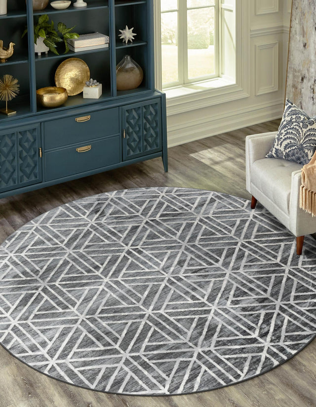 Gray 7' x 7' Matrix Trellis Round Area Rug 100% Polyester Geometric Pattern Modern Carpet for Living, Dining, Bedroom, Office for Sale at Rug Engine