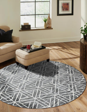 Gray 8' x 8' Matrix Trellis Round Area Rug 100% Polyester Geometric Pattern Modern Carpet for Living, Dining, Bedroom, Office for Sale at Rug Engine