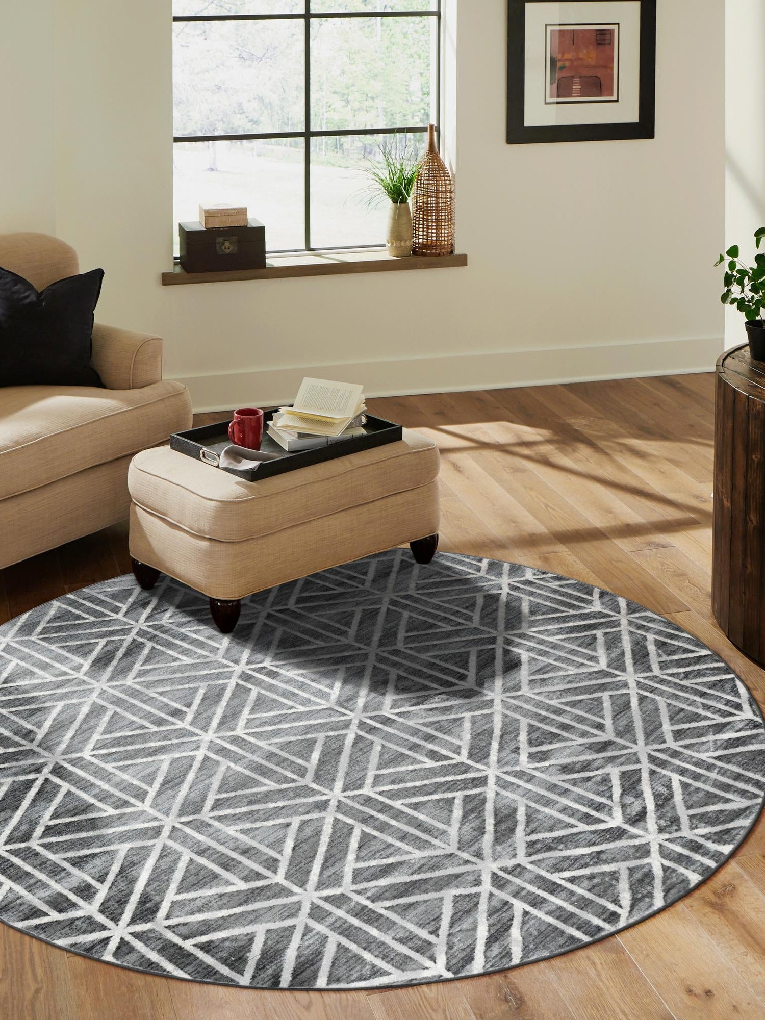 Gray 3' 3 x 3' 3 Matrix Trellis Round Area Rug 100% Polyester Geometric Pattern Modern Carpet for Living, Dining, Bedroom, Office for Sale at Rug Engine