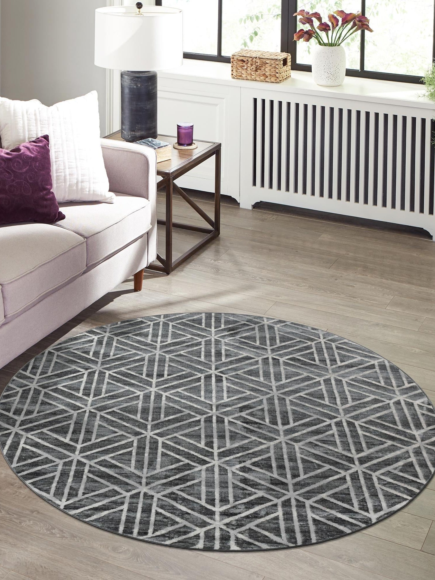 Gray 5' 1 x 5' 1 Matrix Trellis Round Area Rug 100% Polyester Geometric Pattern Modern Carpet for Living, Dining, Bedroom, Office for Sale at Rug Engine