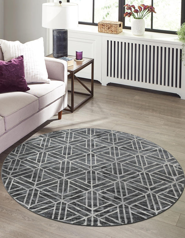 Gray 8' x 8' Matrix Trellis Round Area Rug 100% Polyester Geometric Pattern Modern Carpet for Living, Dining, Bedroom, Office for Sale at Rug Engine