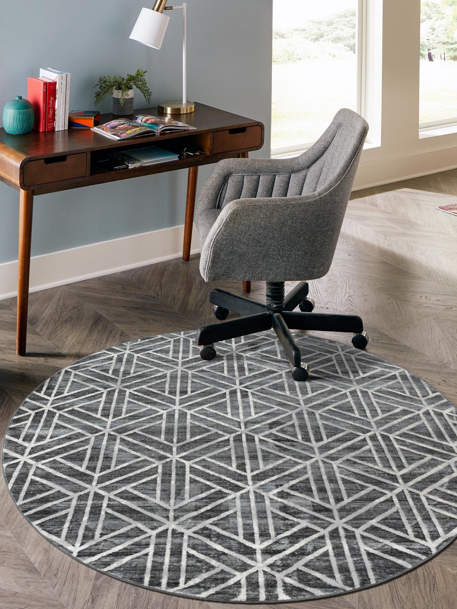 Gray 8' x 8' Matrix Trellis Round Area Rug 100% Polyester Geometric Pattern Modern Carpet for Living, Dining, Bedroom, Office for Sale at Rug Engine