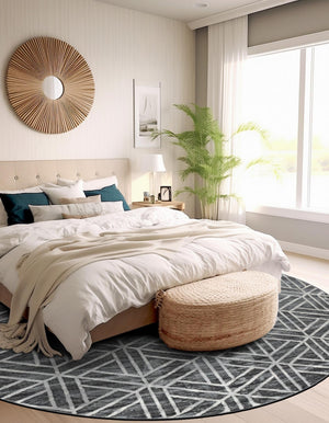 Gray 7' x 7' Matrix Trellis Round Area Rug 100% Polyester Geometric Pattern Modern Carpet for Living, Dining, Bedroom, Office for Sale at Rug Engine