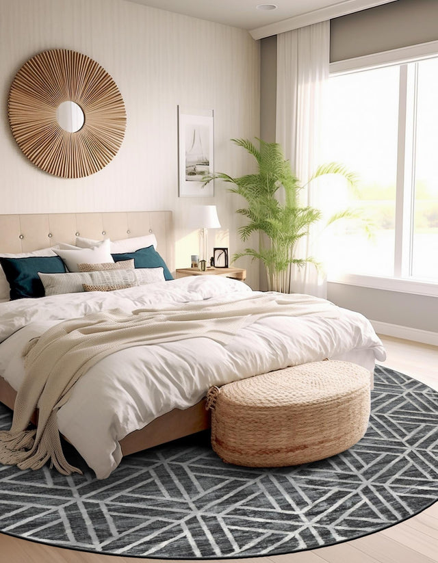 Gray 7' x 7' Matrix Trellis Round Area Rug 100% Polyester Geometric Pattern Modern Carpet for Living, Dining, Bedroom, Office for Sale at Rug Engine