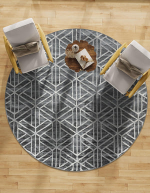 Gray 7' x 7' Matrix Trellis Round Area Rug 100% Polyester Geometric Pattern Modern Carpet for Living, Dining, Bedroom, Office for Sale at Rug Engine