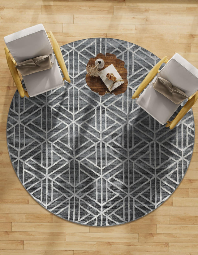Gray 7' x 7' Matrix Trellis Round Area Rug 100% Polyester Geometric Pattern Modern Carpet for Living, Dining, Bedroom, Office for Sale at Rug Engine