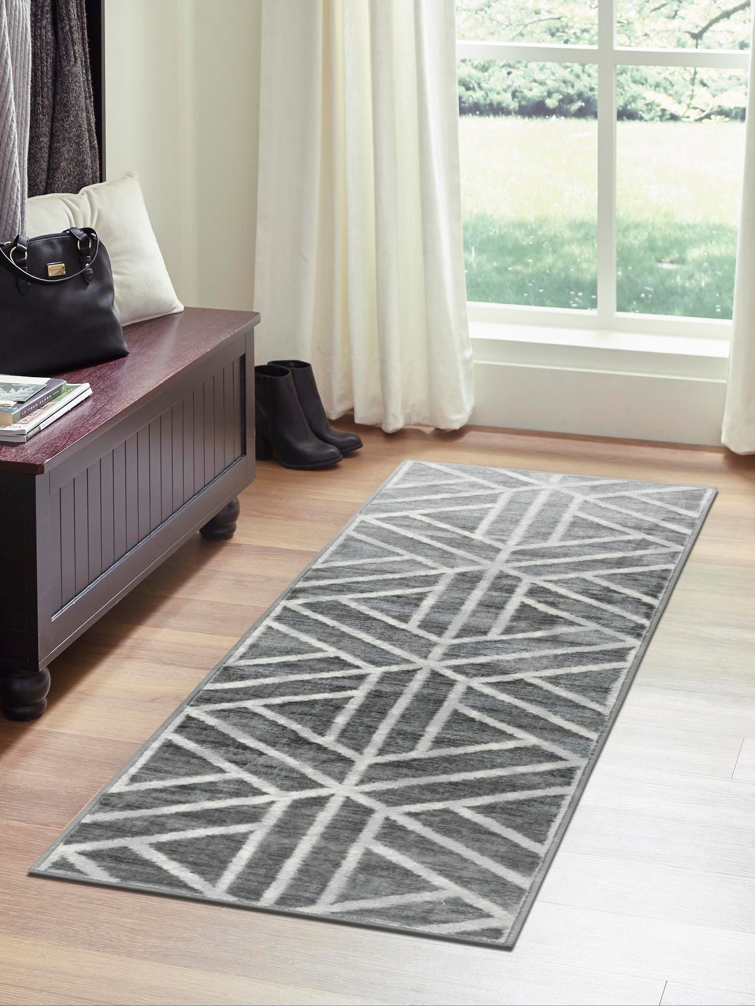 Gray 2' 11 x 19' 8 Matrix Trellis Runner Area Rug 100% Polyester Geometric Pattern Modern Carpet for Living, Dining, Bedroom, Office for Sale at Rug Engine