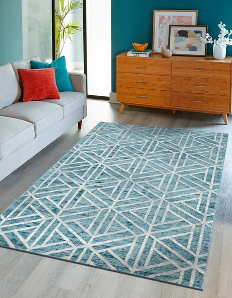 Blue 9' 10 x 14' 1 Matrix Trellis Rectangle Area Rug 100% Polyester Geometric Pattern Modern Carpet for Living, Dining, Bedroom, Office for Sale at Rug Engine