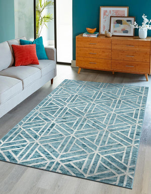 Blue 8' x 10' Matrix Trellis Rectangle Area Rug 100% Polyester Geometric Pattern Modern Carpet for Living, Dining, Bedroom, Office for Sale at Rug Engine