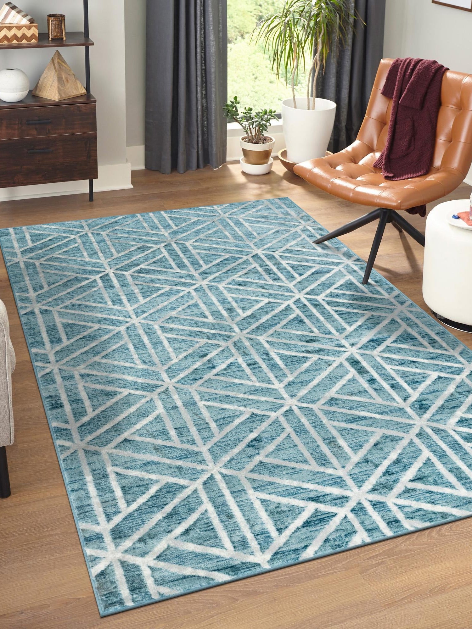 Blue 5' 1 x 8' Matrix Trellis Rectangle Area Rug 100% Polyester Geometric Pattern Modern Carpet for Living, Dining, Bedroom, Office for Sale at Rug Engine