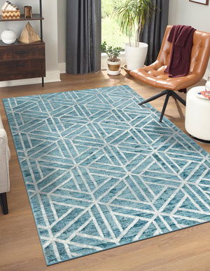 Blue 4' 1 x 6' 1 Matrix Trellis Rectangle Area Rug 100% Polyester Geometric Pattern Modern Carpet for Living, Dining, Bedroom, Office for Sale at Rug Engine