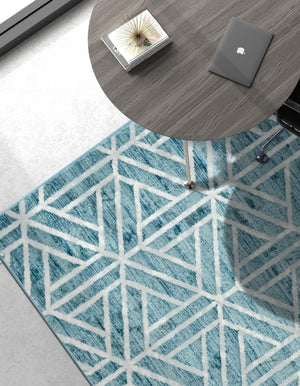Blue 9' x 12' 2 Matrix Trellis Rectangle Area Rug 100% Polyester Geometric Pattern Modern Carpet for Living, Dining, Bedroom, Office for Sale at Rug Engine