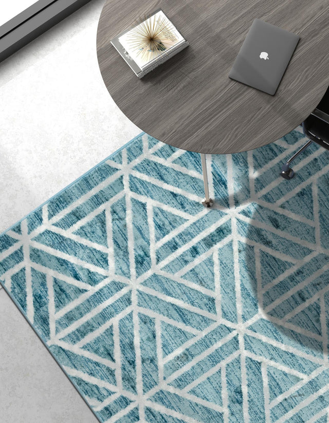 Blue 6' 1 x 9' Matrix Trellis Rectangle Area Rug 100% Polyester Geometric Pattern Modern Carpet for Living, Dining, Bedroom, Office for Sale at Rug Engine