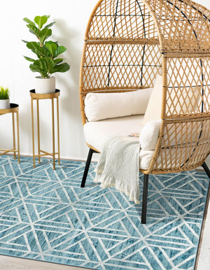 Blue 5' 1 x 8' Matrix Trellis Rectangle Area Rug 100% Polyester Geometric Pattern Modern Carpet for Living, Dining, Bedroom, Office for Sale at Rug Engine